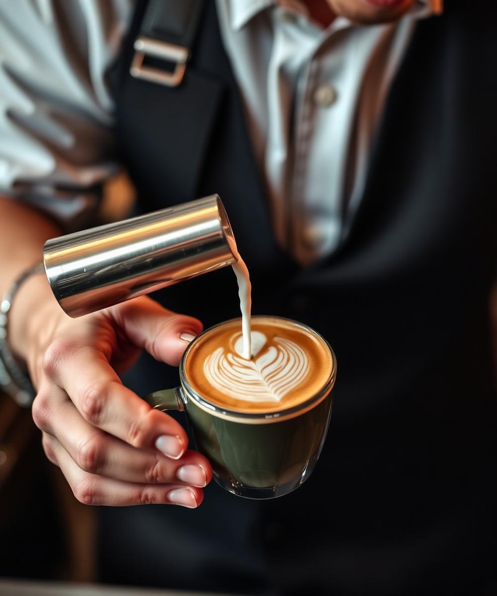Barista pouring milk into espresso